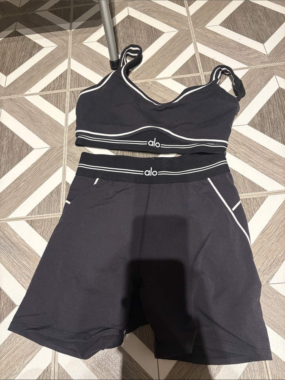 ALO Yoga Black Athletic Shorts with White Trim - Women's Two-Piece Set
